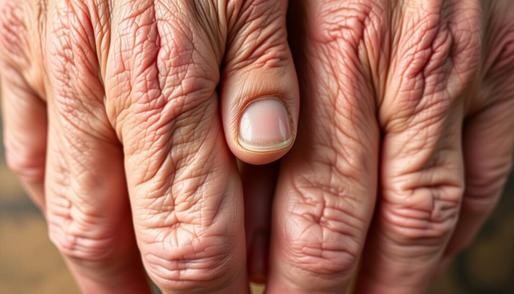 Horizontal ridges on nails indicating signs of aging