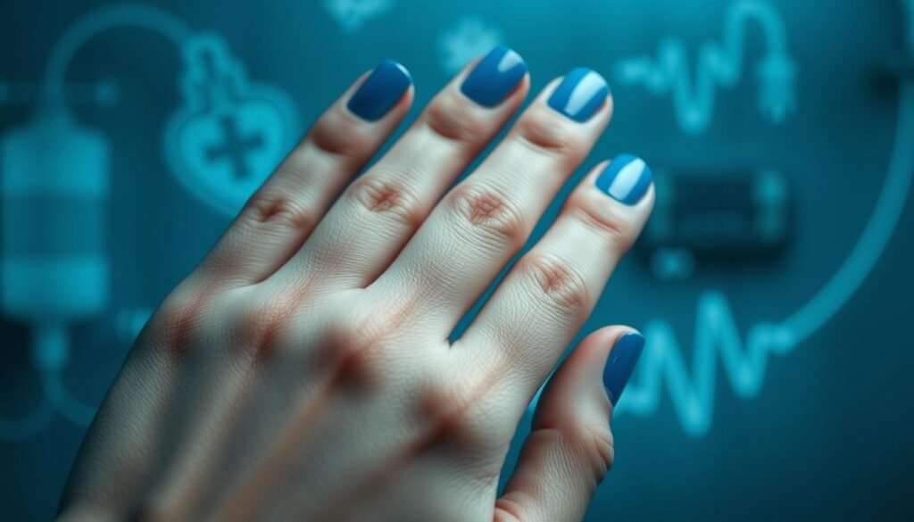 blue nails indicating oxygen deficiency